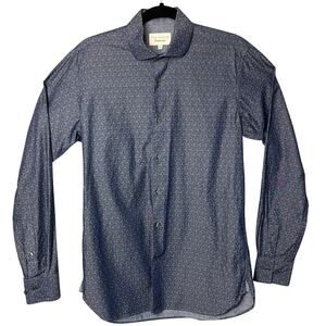 Ted Baker Button Up Shirt Endurance Size 15 34/35 Blue Chambray Puzzle Print